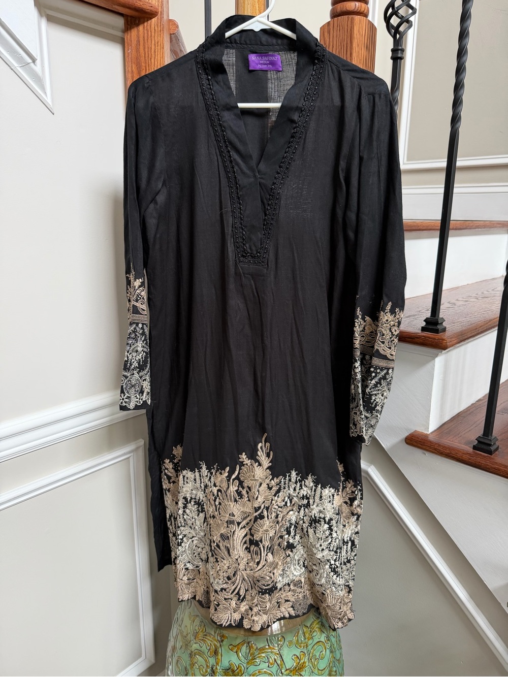 Black Long Sleeve Kurta with Cream Embroidered Hem
